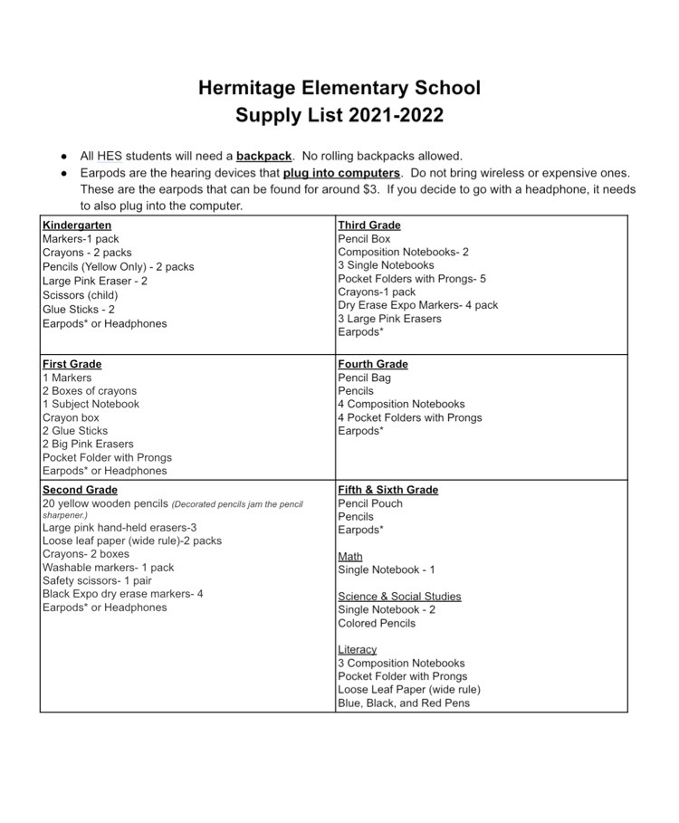 HES School Supply List